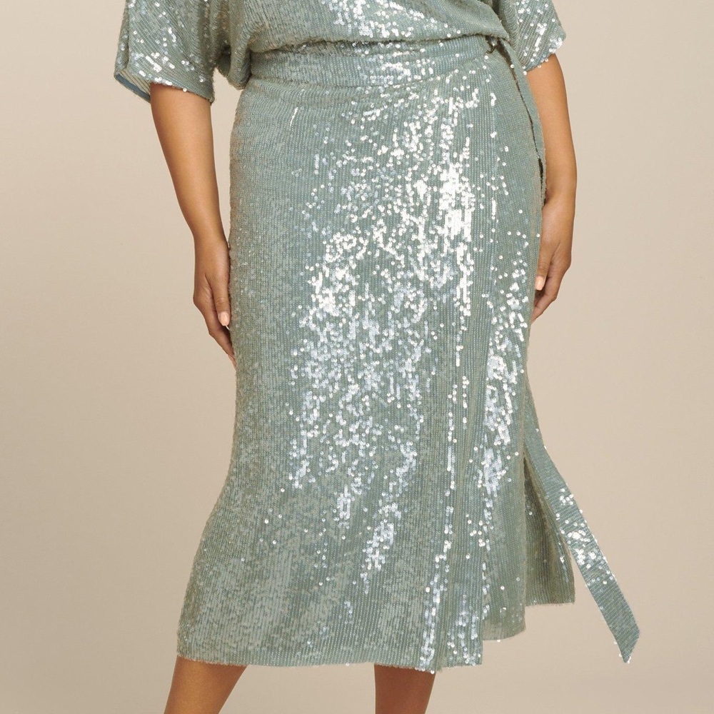 SALLY LAPOINTE Sequined Belted Wrap Skirt Blue 16